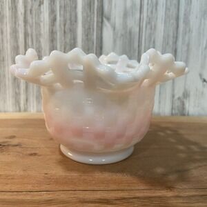 Vintage Fenton Pink Rosalene Glass Basketweave Ruffled Top Bowl